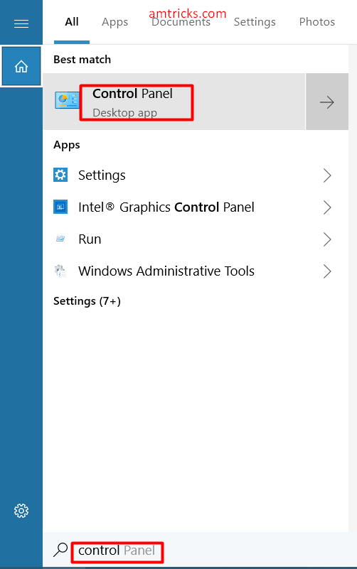 search control panel and launch it from cortana/windows search