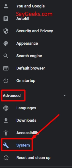 select System option in chrome settings