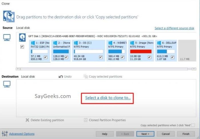select your new SSD by clicking on Select a disk to clone to option.