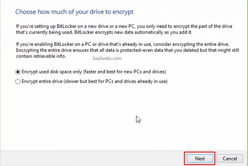 Encrypt used disk space only or Encrypt the entire drive
