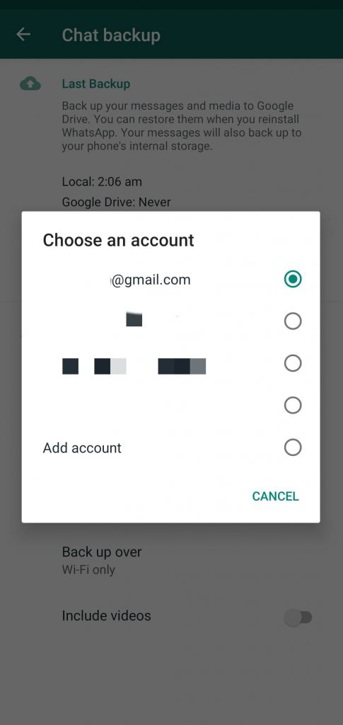 select your google account for WhatsApp backups