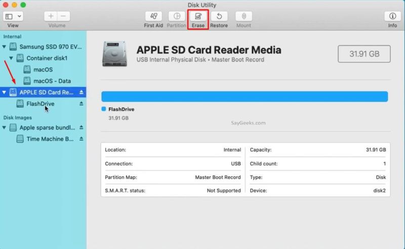 Select on APPLE SD Card Reader Media and go to erase tab.