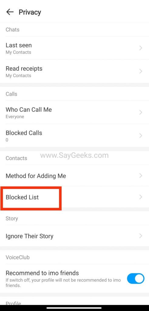 open blocked list