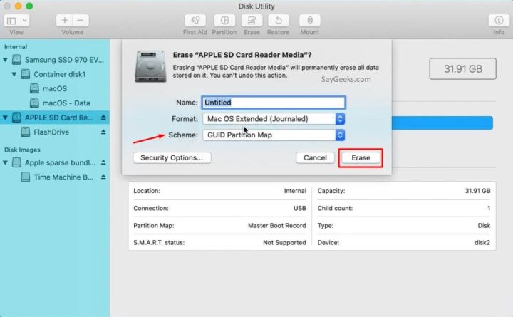 select the Scheme as GUID Partition Map and select the Format as Mac OS Extended( Journaled, Encrypted)