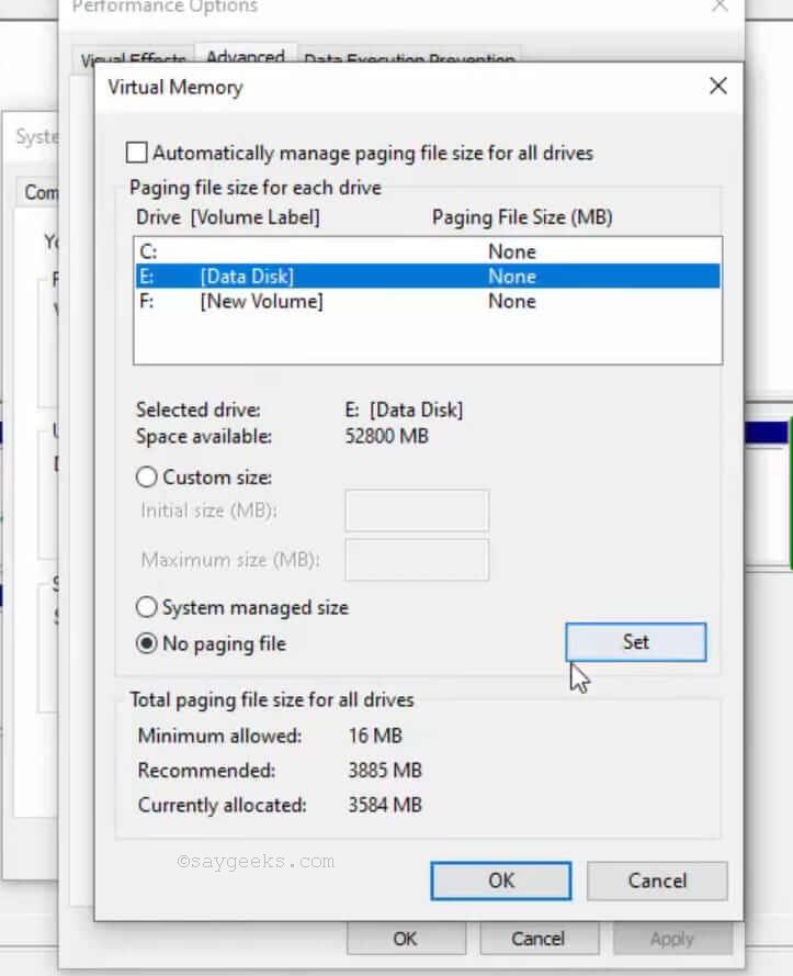 select no paging file in virtual memory option