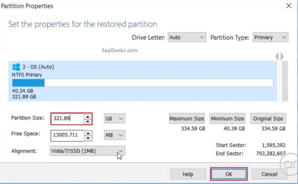 In the partition size box, input the size you've noted down earlier and hit OK.