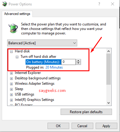 change hard disk option in power options