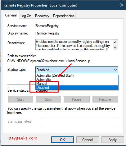 select disabled option for remote registry