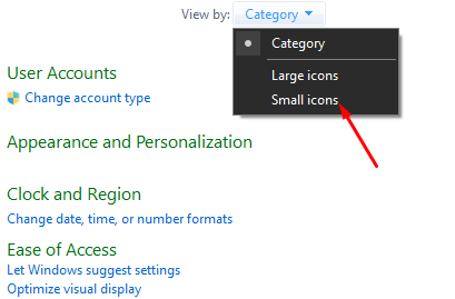 select small icons in control panel