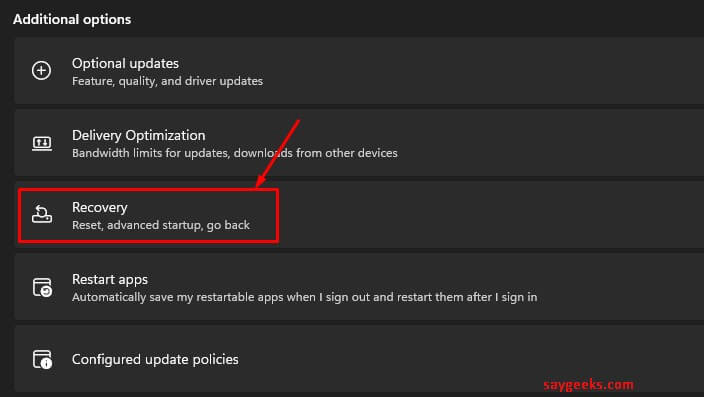 click on recovery option in windows 11