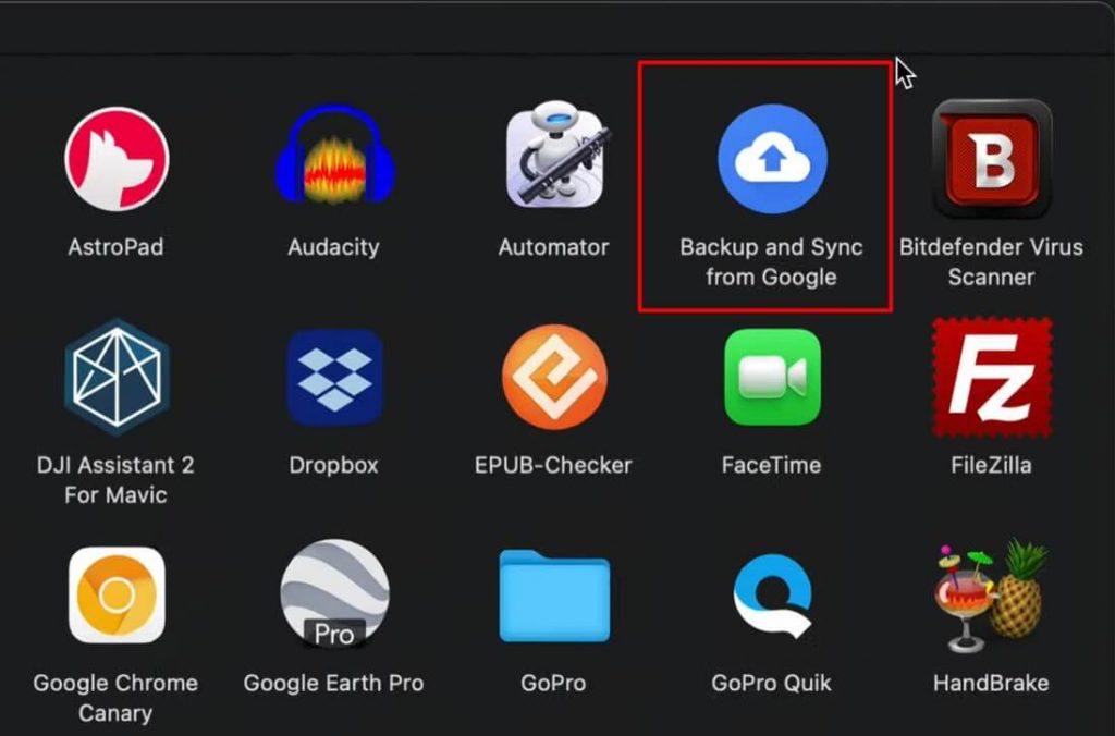 open application folder to find backup and sync app