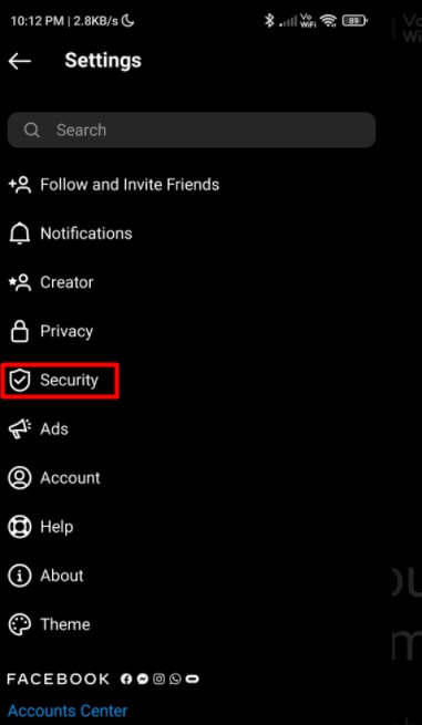 tap on security option in instagram app