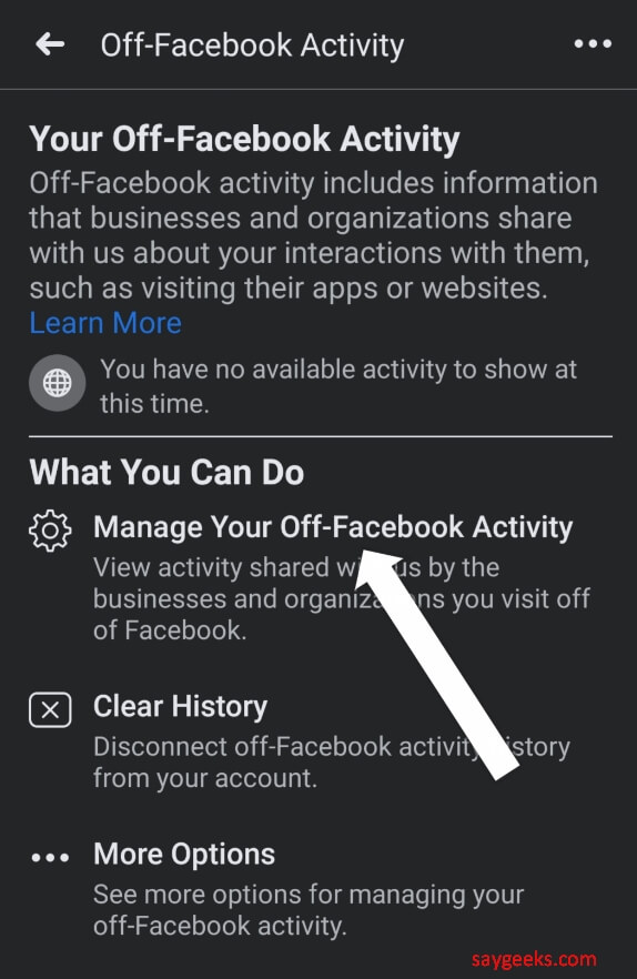 click on manage your off-facebook activity in fb app