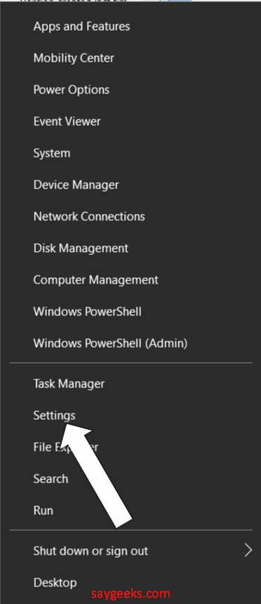 click on settings option in windows