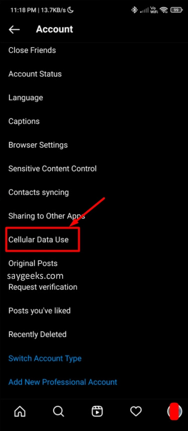 select on cellular data usage in insta app
