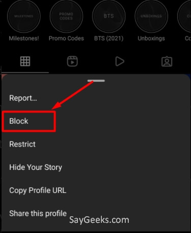 tap on Block option to block someone on instgram