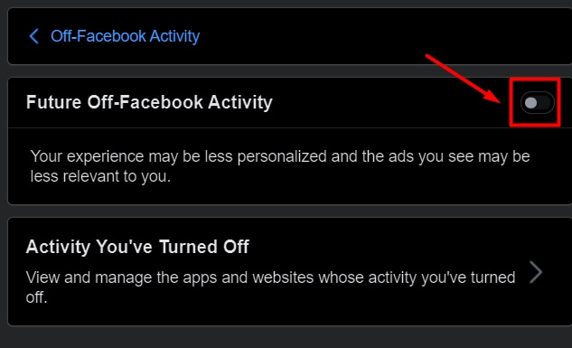 turn off future off facebook activity on website