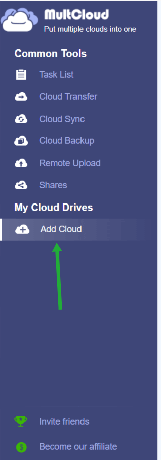 click on add cloud in multcloud