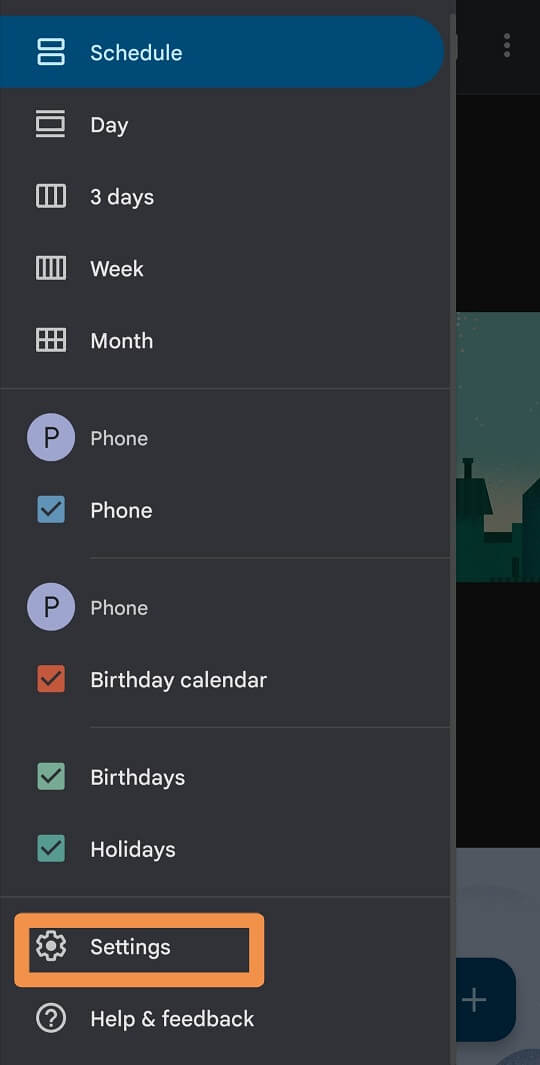 select settings in calendar app