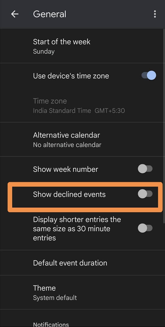 turn off show declined events option in google calendar app
