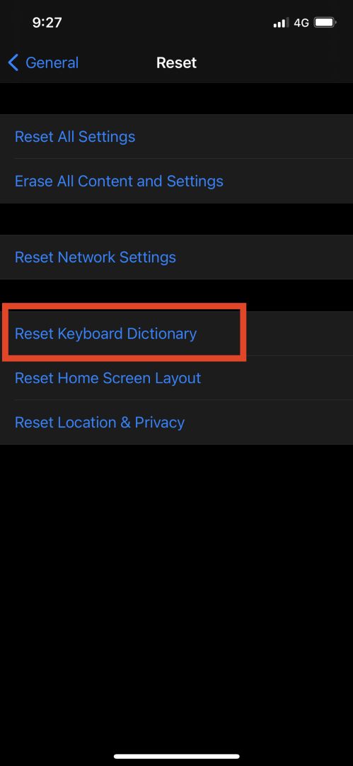 reset keyboard dictionary