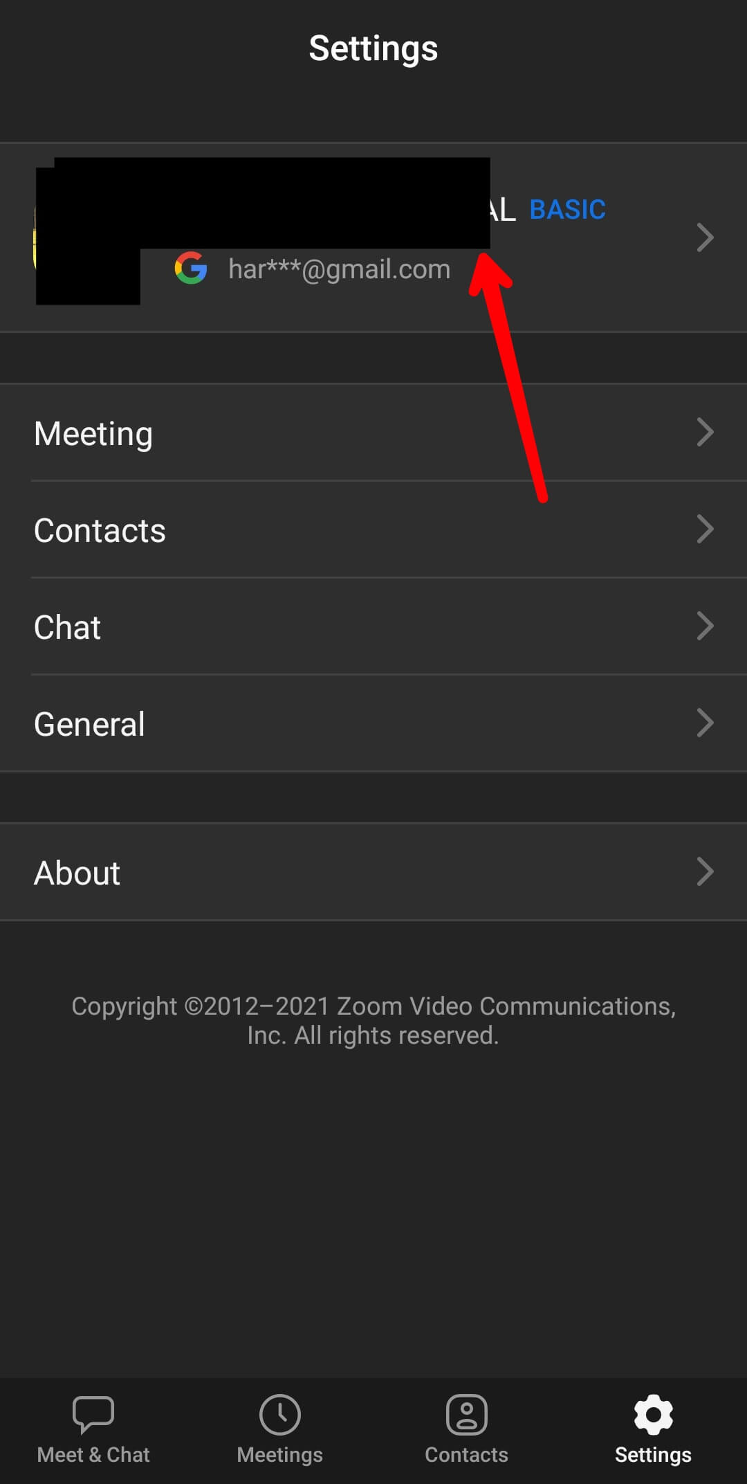 select profile option in zoom app