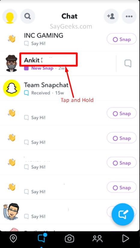 tap on hold on friend name to pin on snapchat