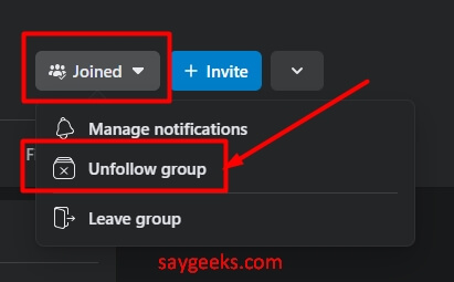 click on unfollow group option in group settings