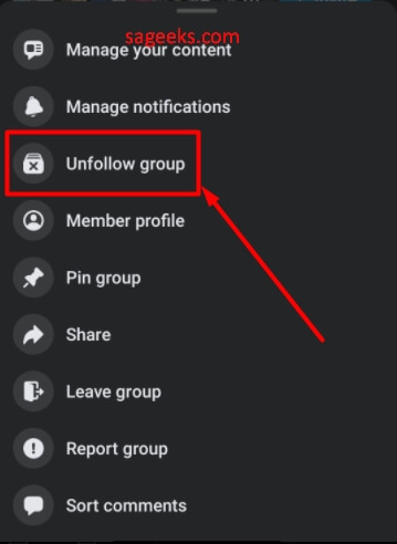 tap on unfollow group option on anroid phone