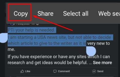 copy any text on facebook on android
