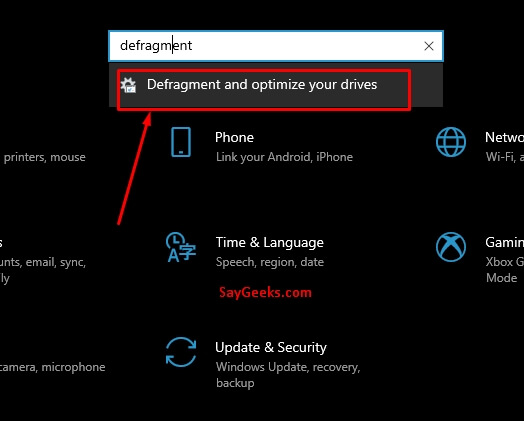 search defragment option in settings