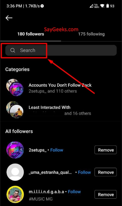 search followers to remove from the list