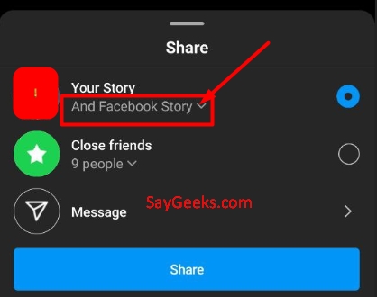 select facebook option in instagram story