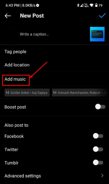 tap on add music option to add music to instagram post