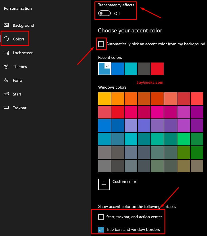 turn off colors feature in windows 10 settings