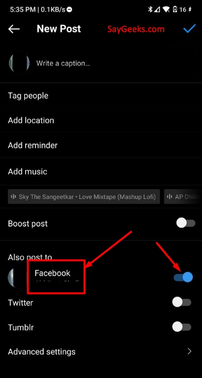 turn on facebook option in instagram post share