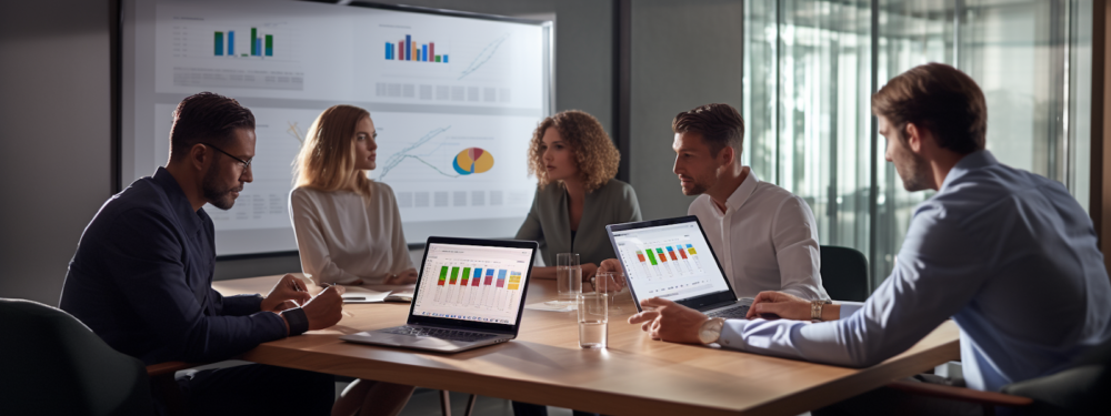 Health and wellness industry professionals review ad hoc reports during a meeting.