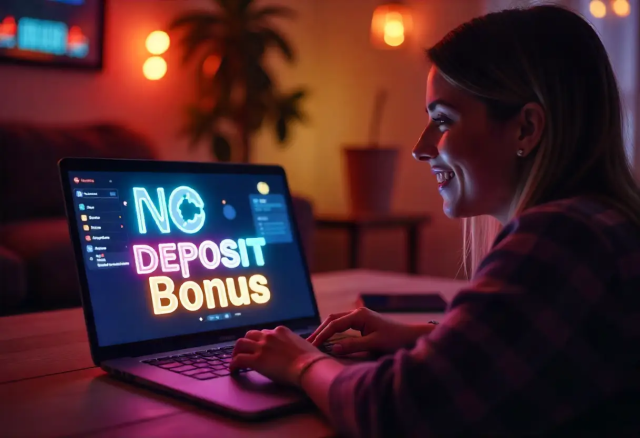 Nő mosolyogva használ laptopot, amelyen nagy betűkkel a No Deposit Bonus felirat látható egy online kaszinó felületén.